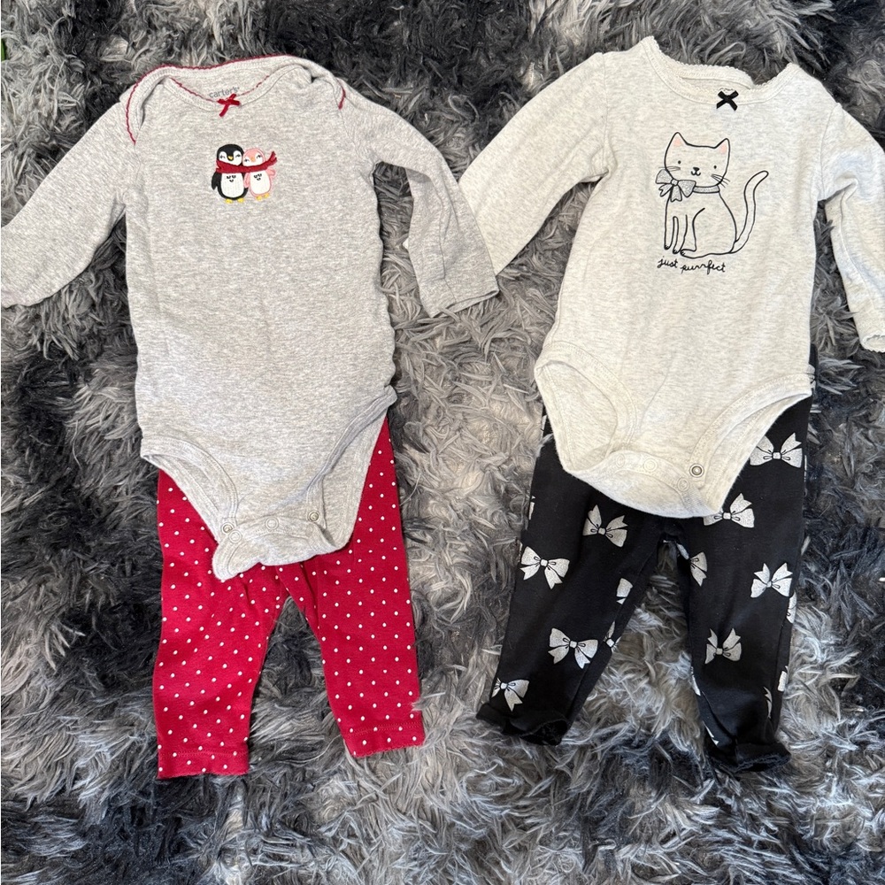 Carter's Gray and Red Bodysuits with Penguin and Cat Prints